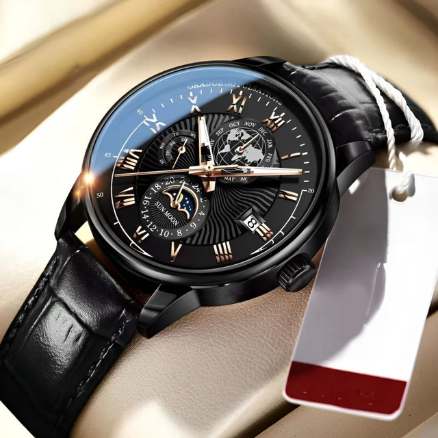 Mechanical Watch Luminous Leather Strap Waterproof Man Watch-Silver and Black Color Watch