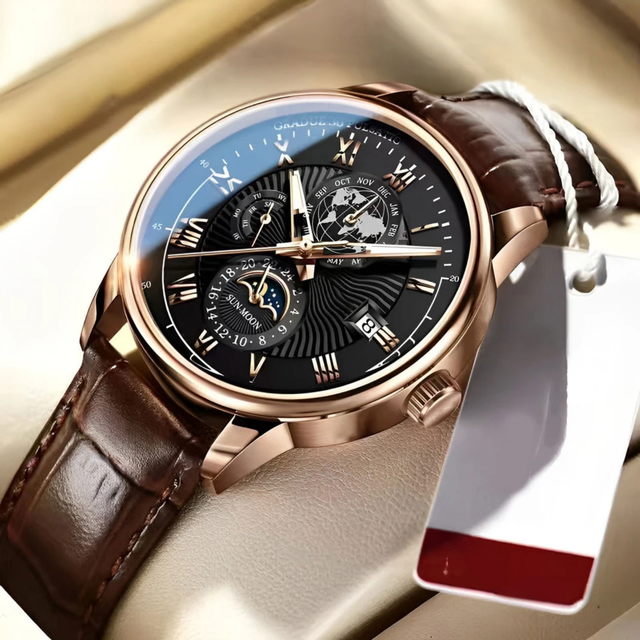 Mechanical Watch Luminous Leather Strap Waterproof Man Watch-Silver and Black Color Watch