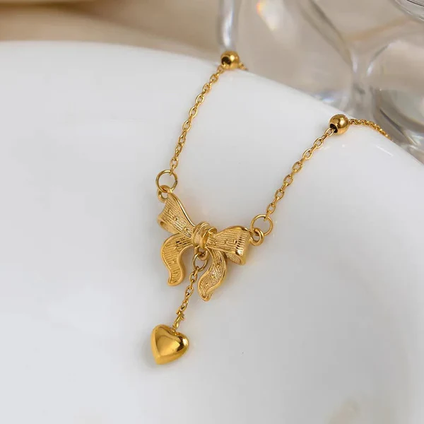 Bow Knot Heart Tassel Necklace