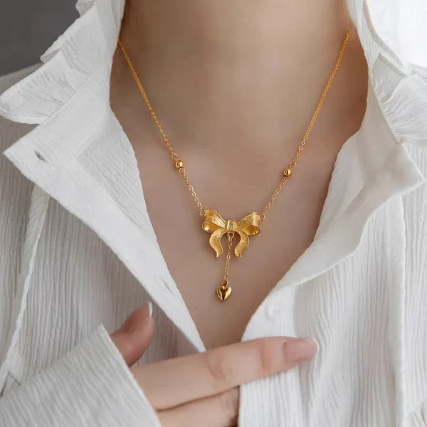 Bow Knot Heart Tassel Necklace
