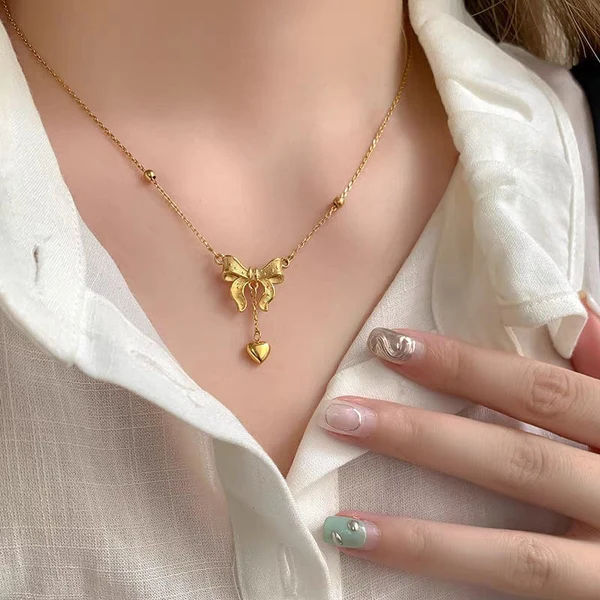 Bow Knot Heart Tassel Necklace