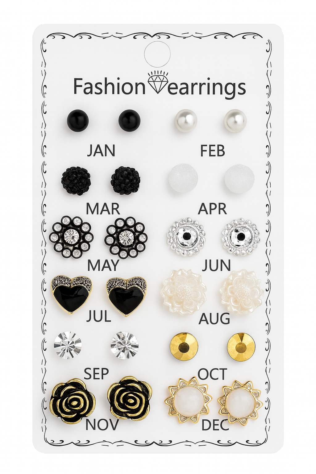 Korean 12 pair Fashion Stud Earrings Set for Women & Girls – Monthly Design