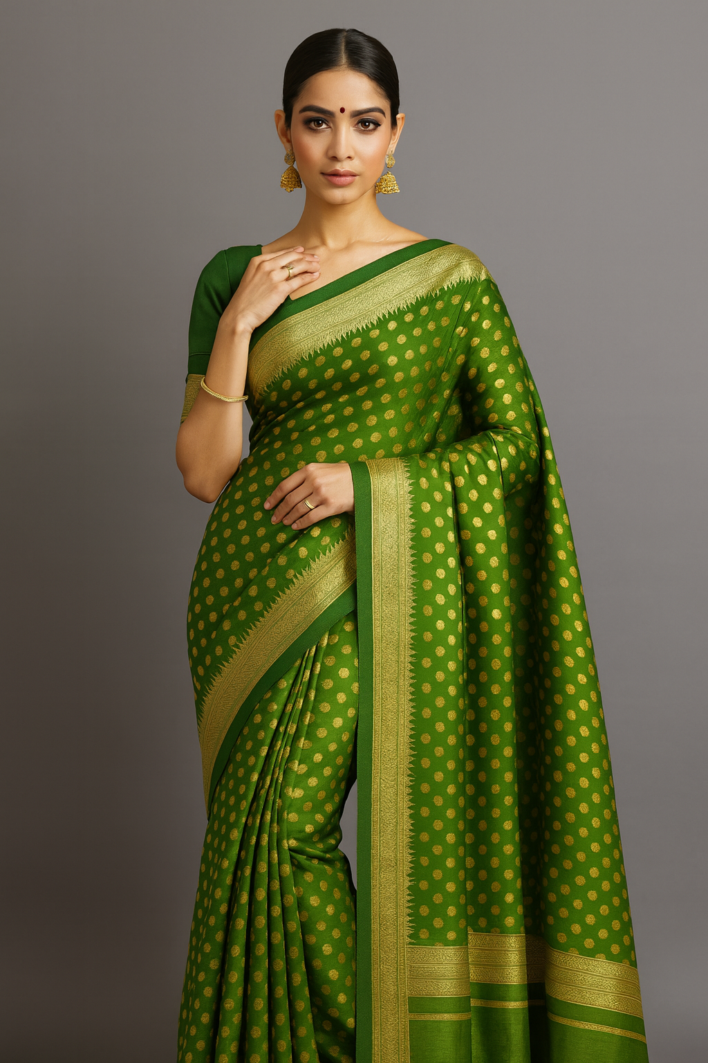 South Silk Saree in Green with Golden Zari Weaving & Rich Border