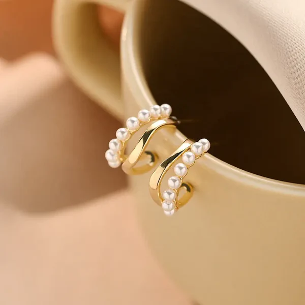 C Shape Pearl Hoop Earrings for Women | Stylish Gold-Tone Imitation Jewelry | Lightweight Party & Daily Wear