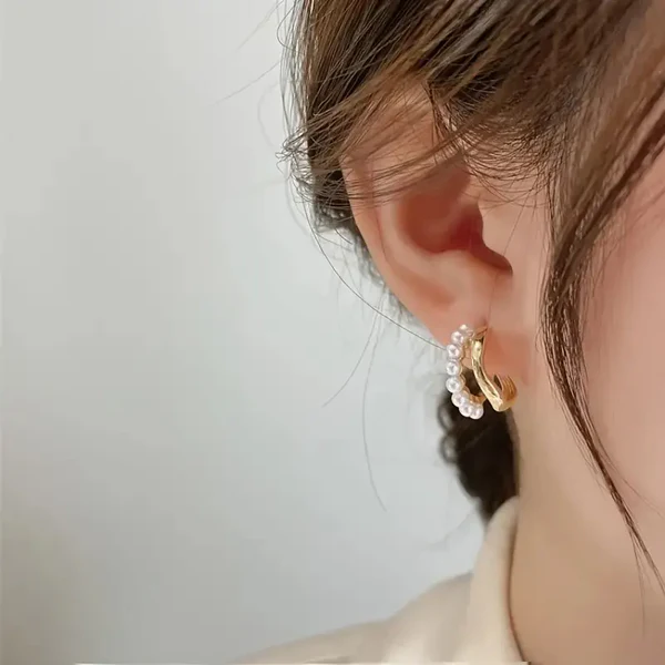 C Shape Pearl Hoop Earrings for Women | Stylish Gold-Tone Imitation Jewelry | Lightweight Party & Daily Wear