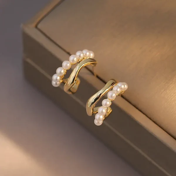 C Shape Pearl Hoop Earrings for Women | Stylish Gold-Tone Imitation Jewelry | Lightweight Party & Daily Wear