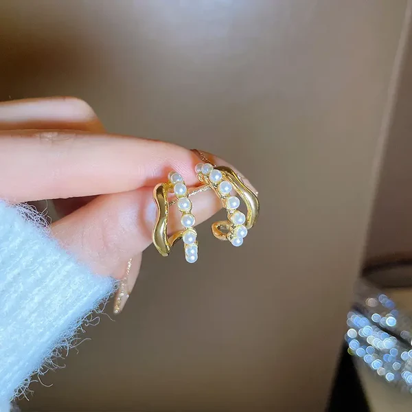 C Shape Pearl Hoop Earrings for Women | Stylish Gold-Tone Imitation Jewelry | Lightweight Party & Daily Wear