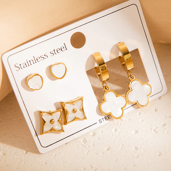Golden Enamel Clover Earring Combo Set for Women | Anti-Tarnish Stainless Steel | Stylish Stud & Drop Earrings