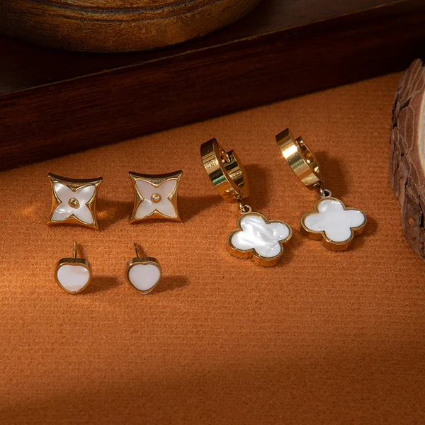 Golden Enamel Clover Earring Combo Set for Women | Anti-Tarnish Stainless Steel | Stylish Stud & Drop Earrings