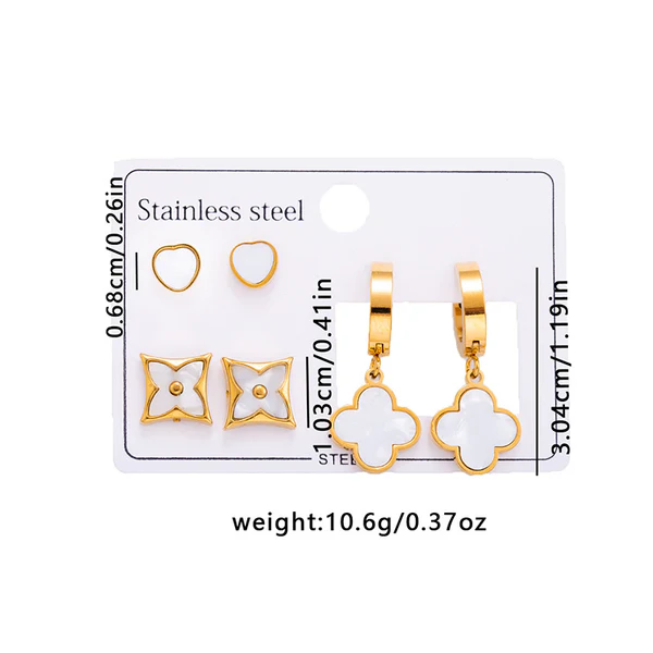 Golden Enamel Clover Earring Combo Set for Women | Anti-Tarnish Stainless Steel | Stylish Stud & Drop Earrings