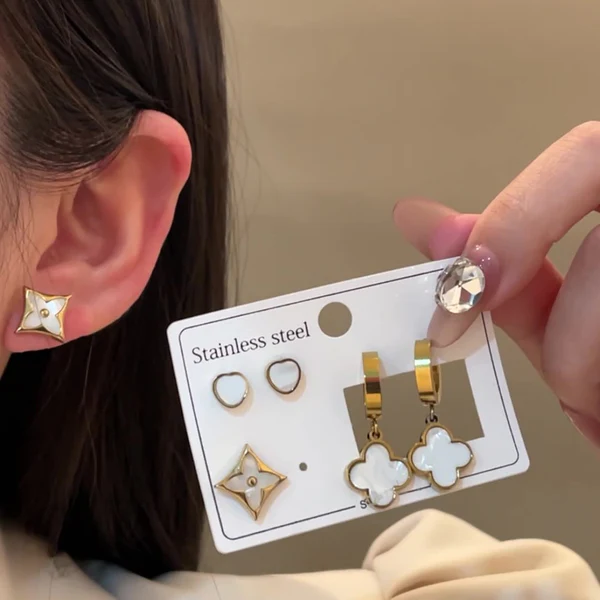 Golden Enamel Clover Earring Combo Set for Women | Anti-Tarnish Stainless Steel | Stylish Stud & Drop Earrings