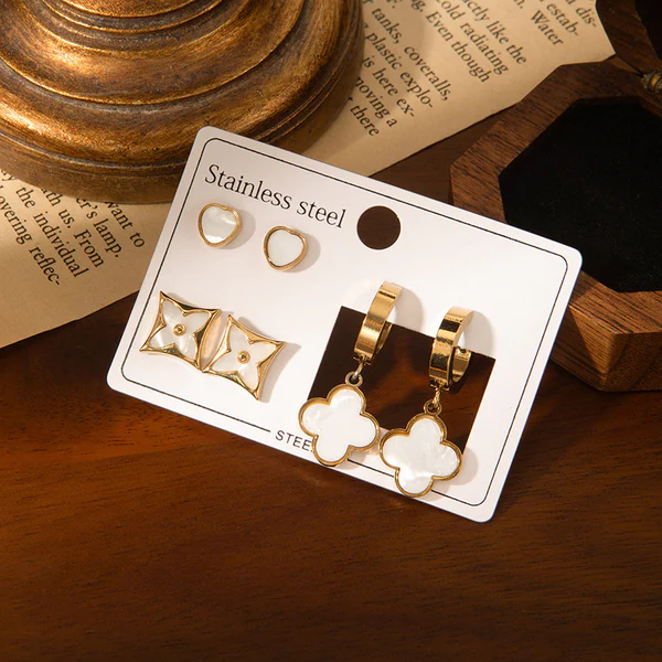 Golden Enamel Clover Earring Combo Set for Women | Anti-Tarnish Stainless Steel | Stylish Stud & Drop Earrings