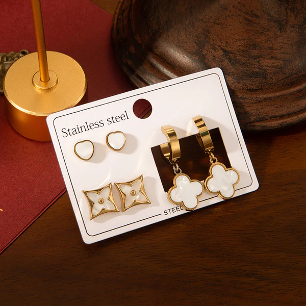 Golden Enamel Clover Earring Combo Set for Women | Anti-Tarnish Stainless Steel | Stylish Stud & Drop Earrings