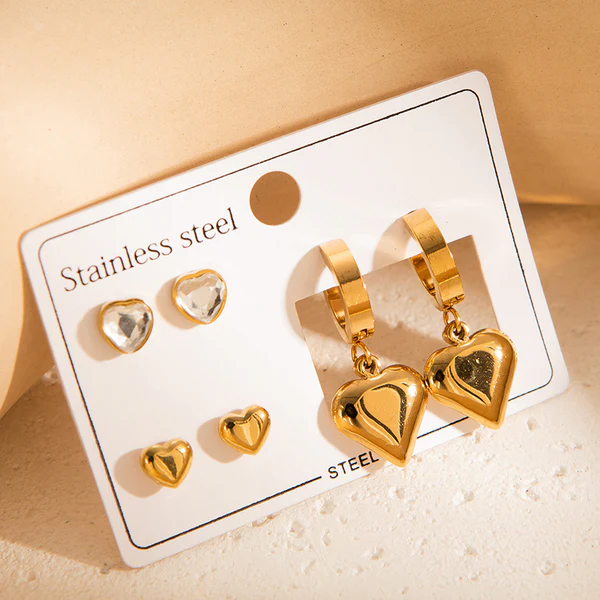Golden Heart Trio Earring Combo Set for Women | Anti-Tarnish Stainless Steel | Stylish Stud & Drop Earrings