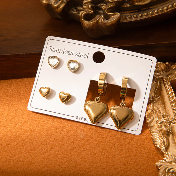 Golden Heart Trio Earring Combo Set for Women | Anti-Tarnish Stainless Steel | Stylish Stud & Drop Earrings