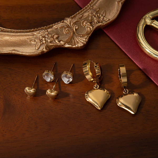 Golden Heart Trio Earring Combo Set for Women | Anti-Tarnish Stainless Steel | Stylish Stud & Drop Earrings