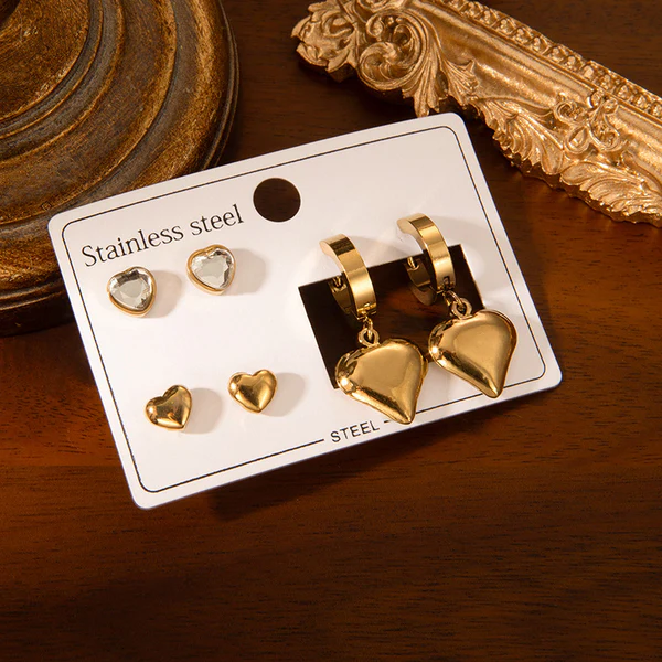 Golden Heart Trio Earring Combo Set for Women | Anti-Tarnish Stainless Steel | Stylish Stud & Drop Earrings