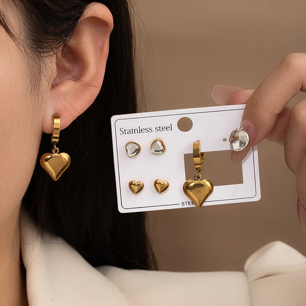 Golden Heart Trio Earring Combo Set for Women | Anti-Tarnish Stainless Steel | Stylish Stud & Drop Earrings