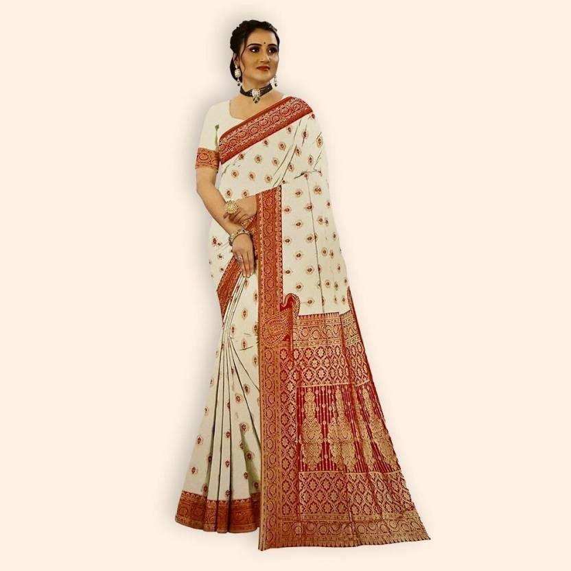 Woven Handloom Cotton Blend Saree  (White, Red) - Priyangkrita by Freekart