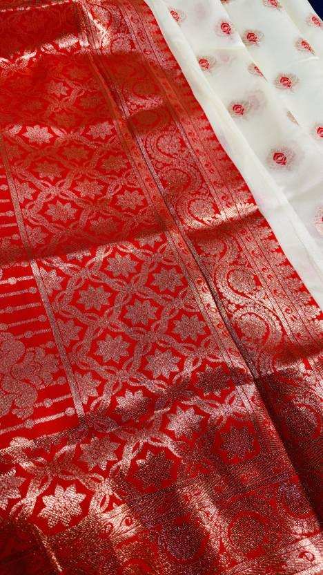 Woven Handloom Cotton Blend Saree  (White, Red) - Priyangkrita by Freekart