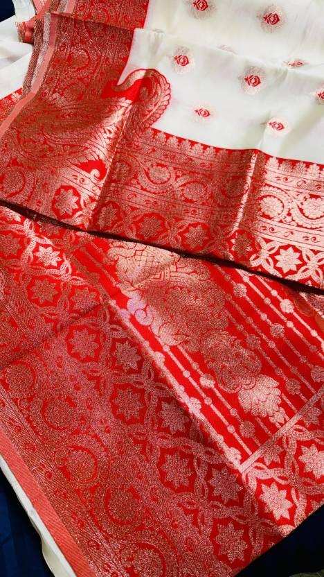 Woven Handloom Cotton Blend Saree  (White, Red) - Priyangkrita by Freekart