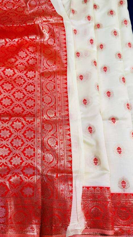 Woven Handloom Cotton Blend Saree  (White, Red) - Priyangkrita by Freekart