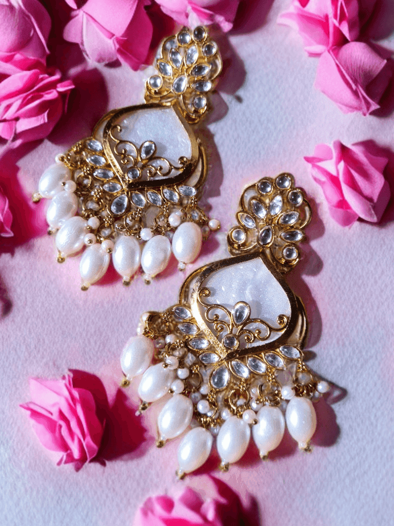Chandelier Gold Plated Adorned with Kundan and Pearl Dangle Earrings - Priyangkrita by Freekart