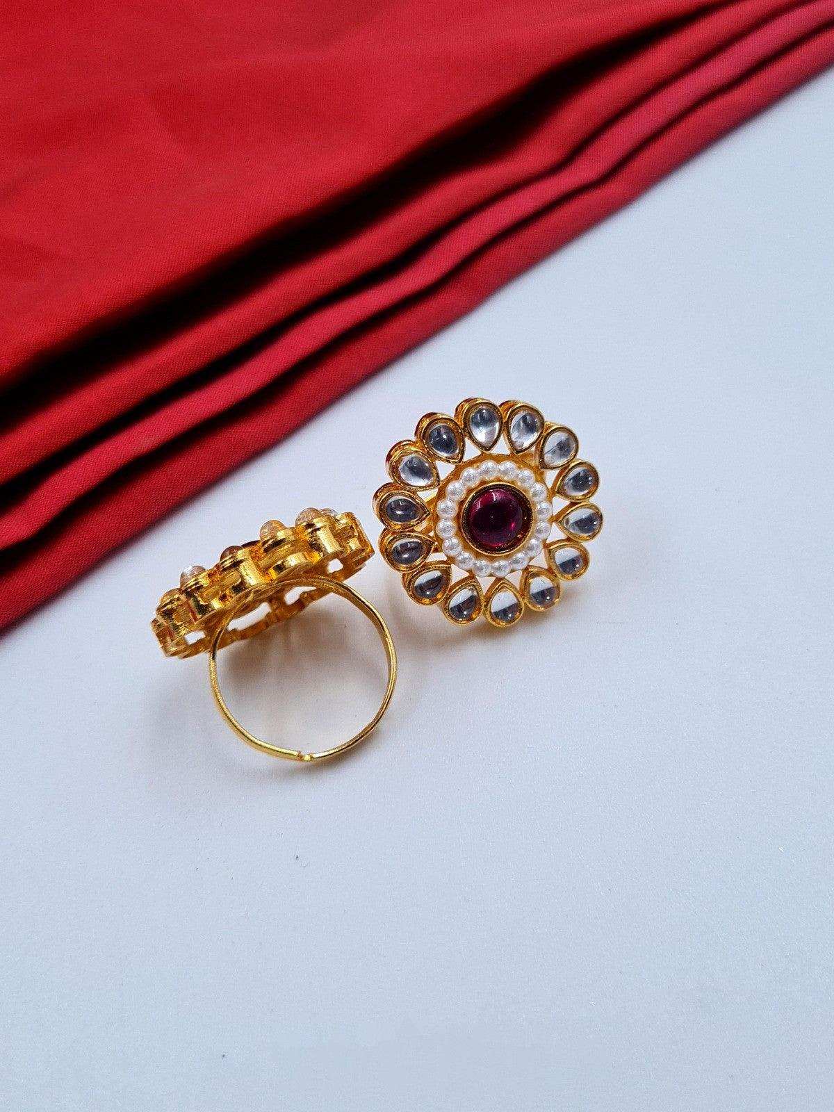 Pink Stone & Kundan Wedding Collection Adjustable Finger Ring - Priyangkrita by Freekart