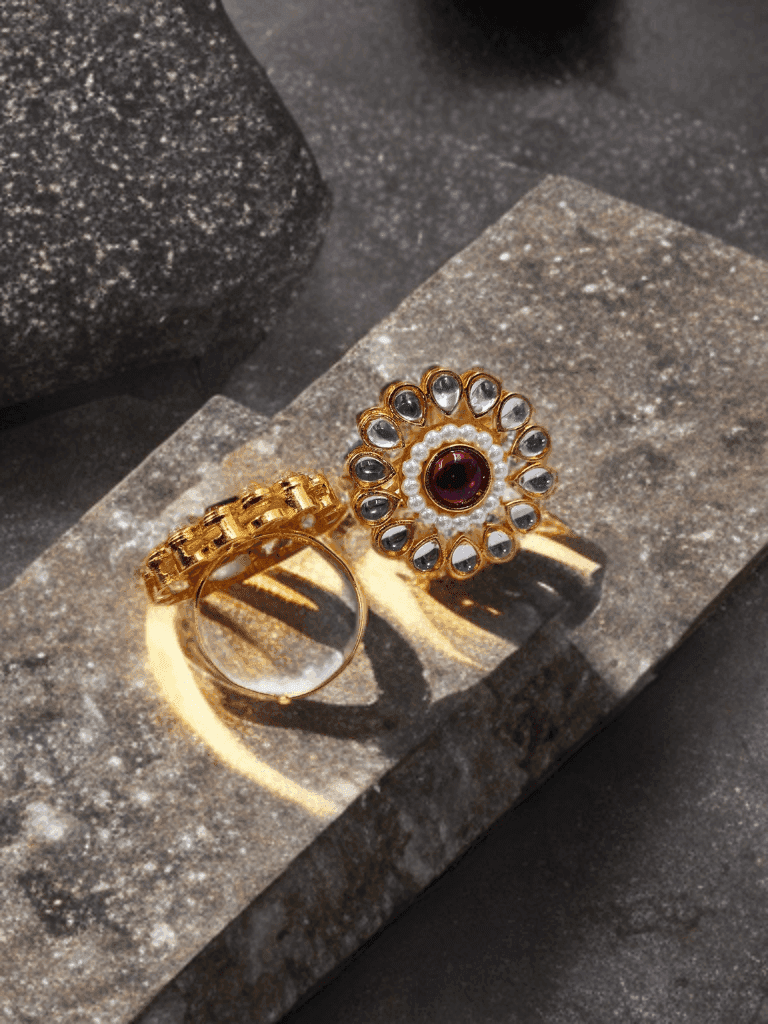 Pink Stone & Kundan Wedding Collection Adjustable Finger Ring - Priyangkrita by Freekart