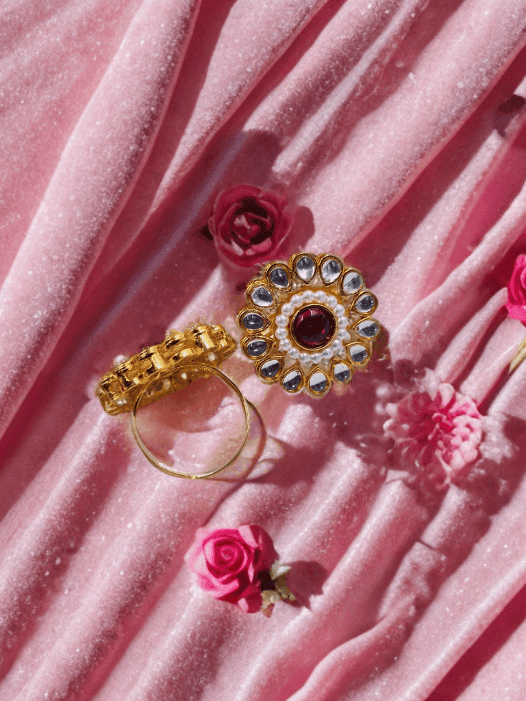 Pink Stone & Kundan Wedding Collection Adjustable Finger Ring - Priyangkrita by Freekart