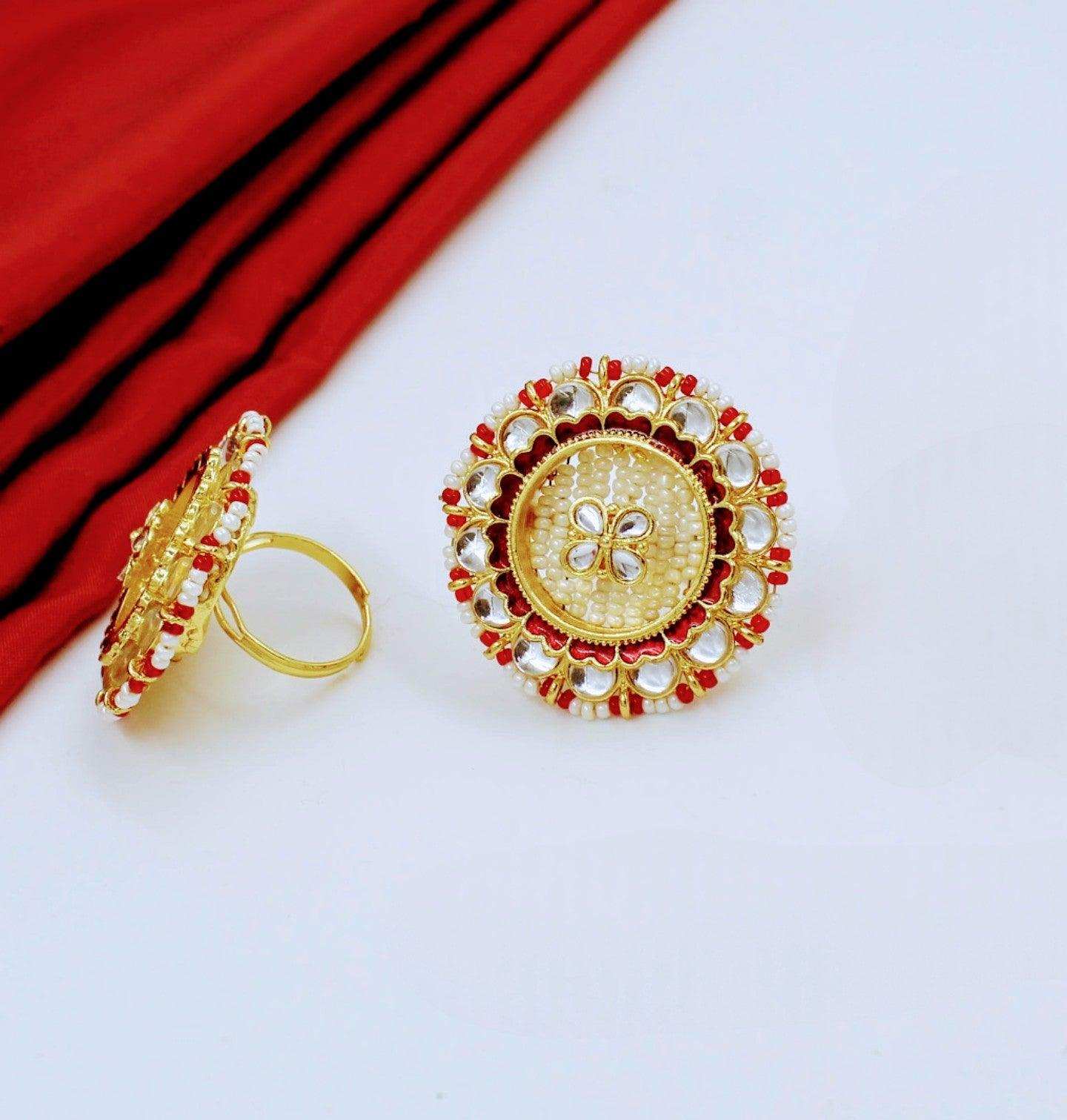 Royal Bridal Look Kundan& Pearl Workadjustable Alloy Gold plated ring - Priyangkrita by Freekart