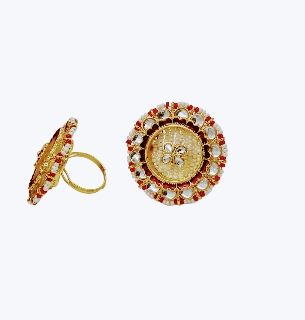 Royal Bridal Look Kundan& Pearl Workadjustable Alloy Gold plated ring - Priyangkrita by Freekart