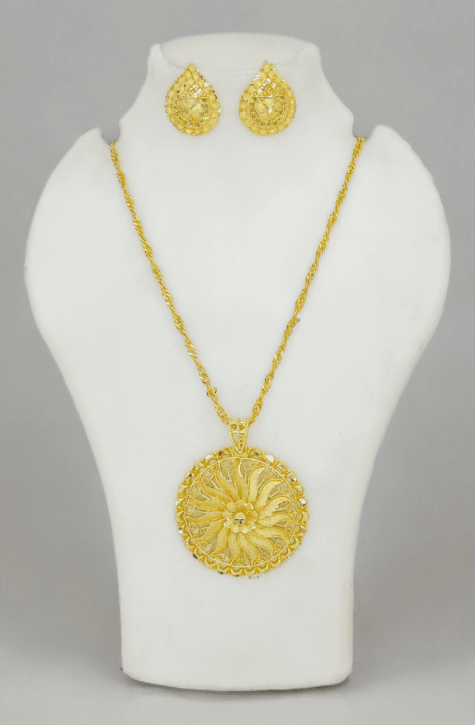 Party Wear Golden Gold Plated Pendant Necklace Set With Earrings - Priyangkrita by Freekart