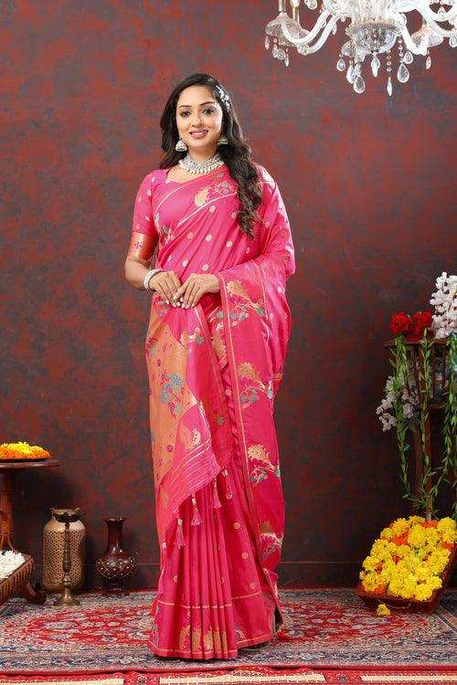 Priyangkrita Epiphany Dark Pink Paithani Silk Saree With Ornate Blouse Piece - Priyangkrita by Freekart