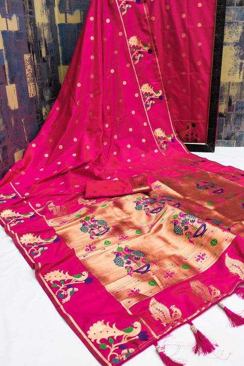 Priyangkrita Epiphany Dark Pink Paithani Silk Saree With Ornate Blouse Piece - Priyangkrita by Freekart