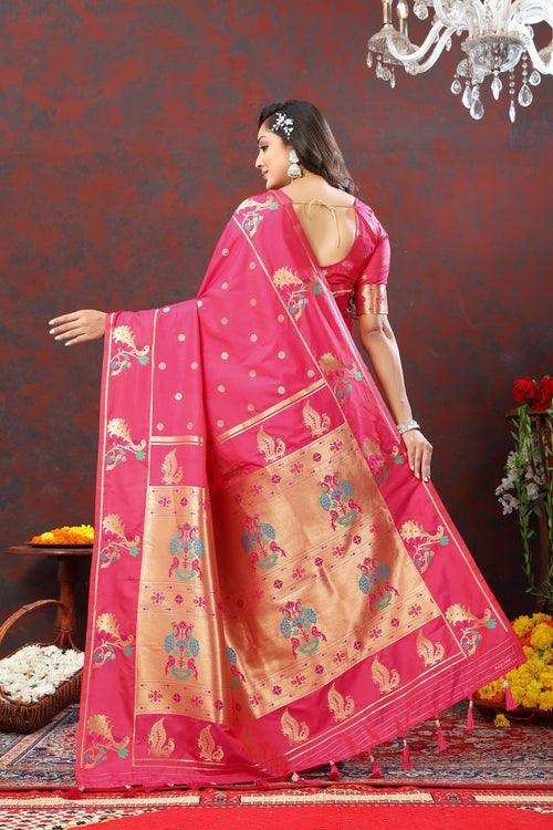 Priyangkrita Epiphany Dark Pink Paithani Silk Saree With Ornate Blouse Piece - Priyangkrita by Freekart