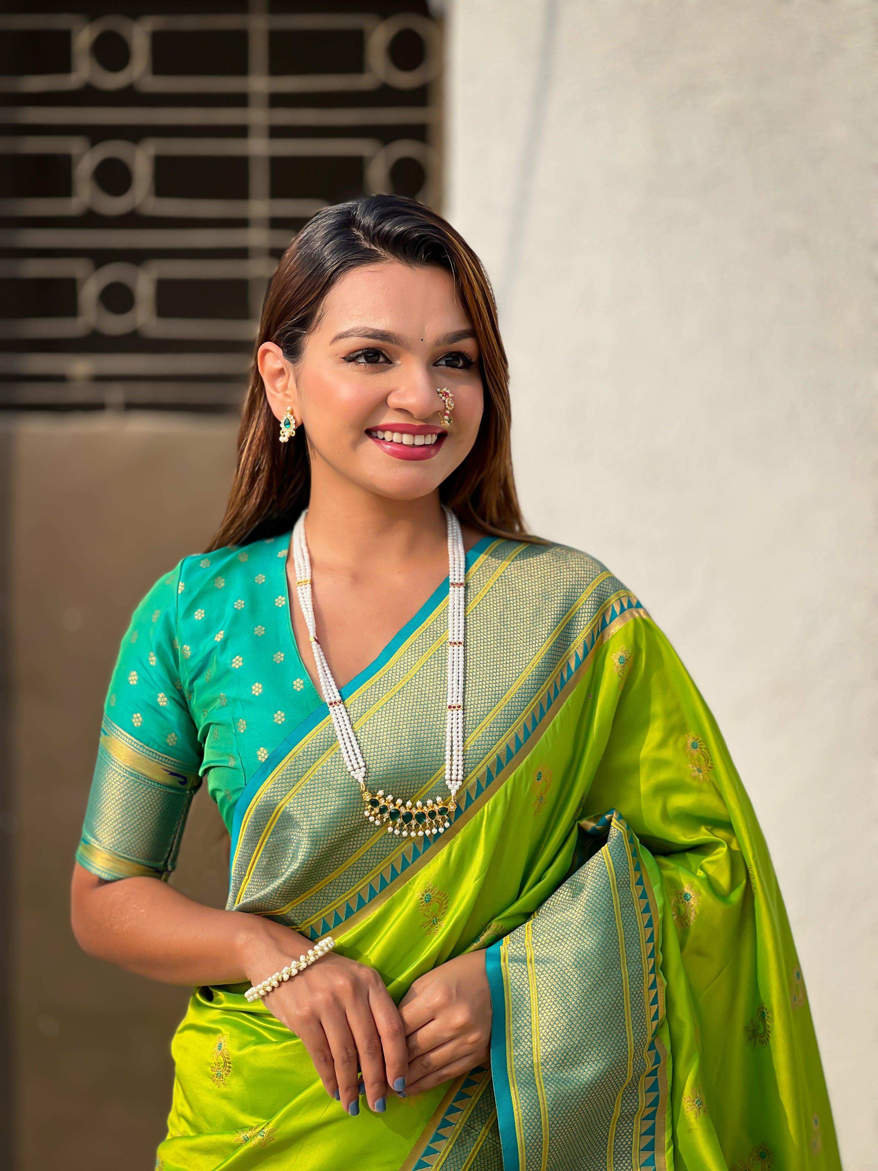 Priyangkrita Pista Zari Woven Nath Contrast Yeola Paithani Silk Saree - Priyangkrita by Freekart