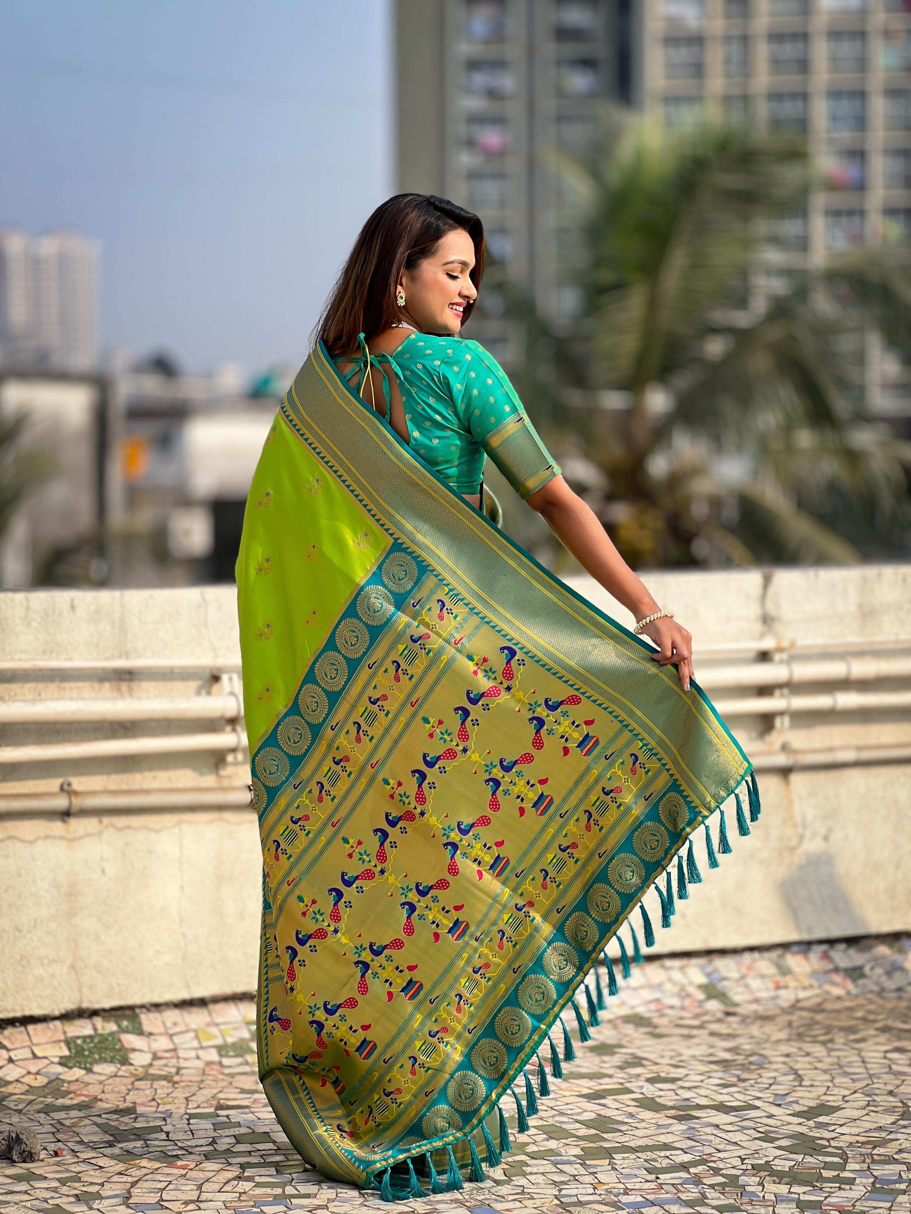 Priyangkrita Pista Zari Woven Nath Contrast Yeola Paithani Silk Saree - Priyangkrita by Freekart