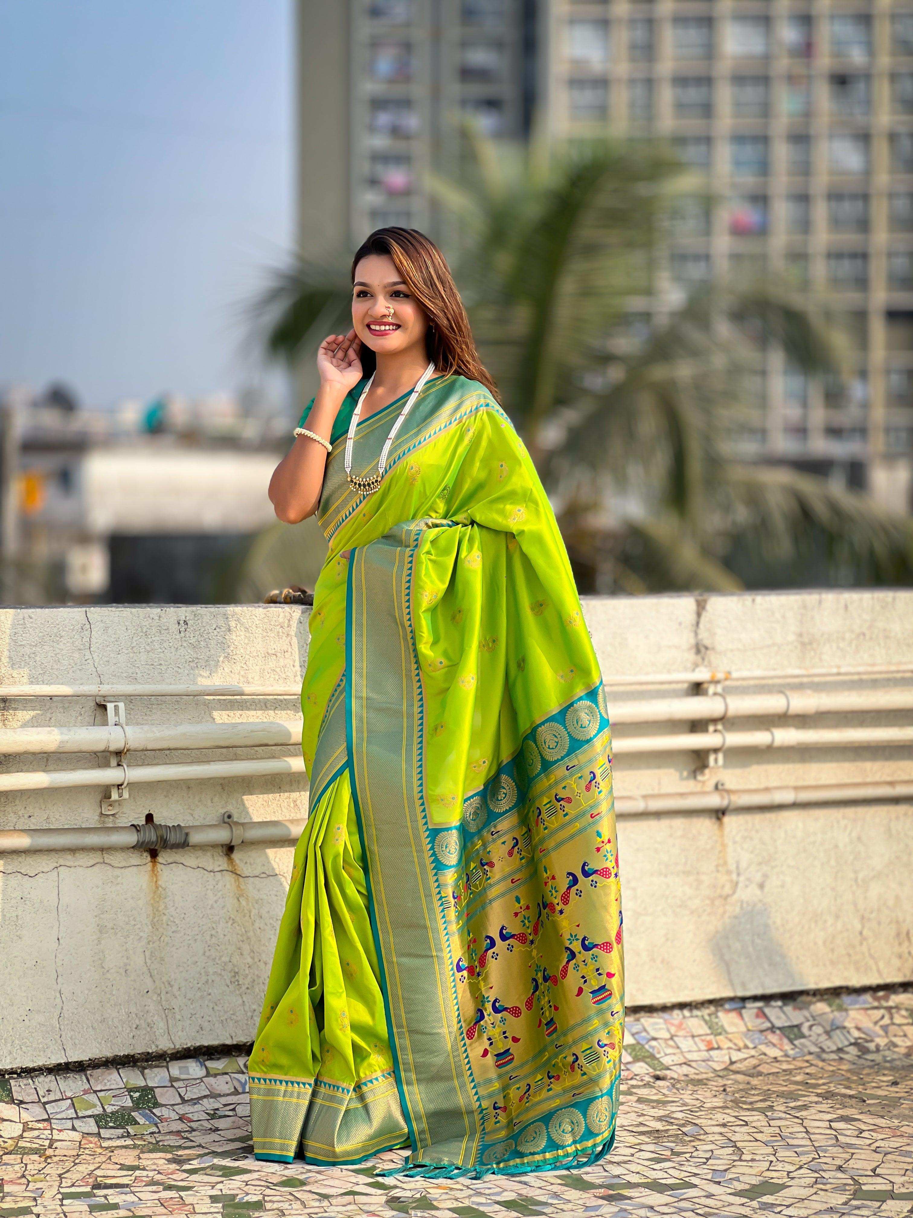Priyangkrita Pista Zari Woven Nath Contrast Yeola Paithani Silk Saree - Priyangkrita by Freekart
