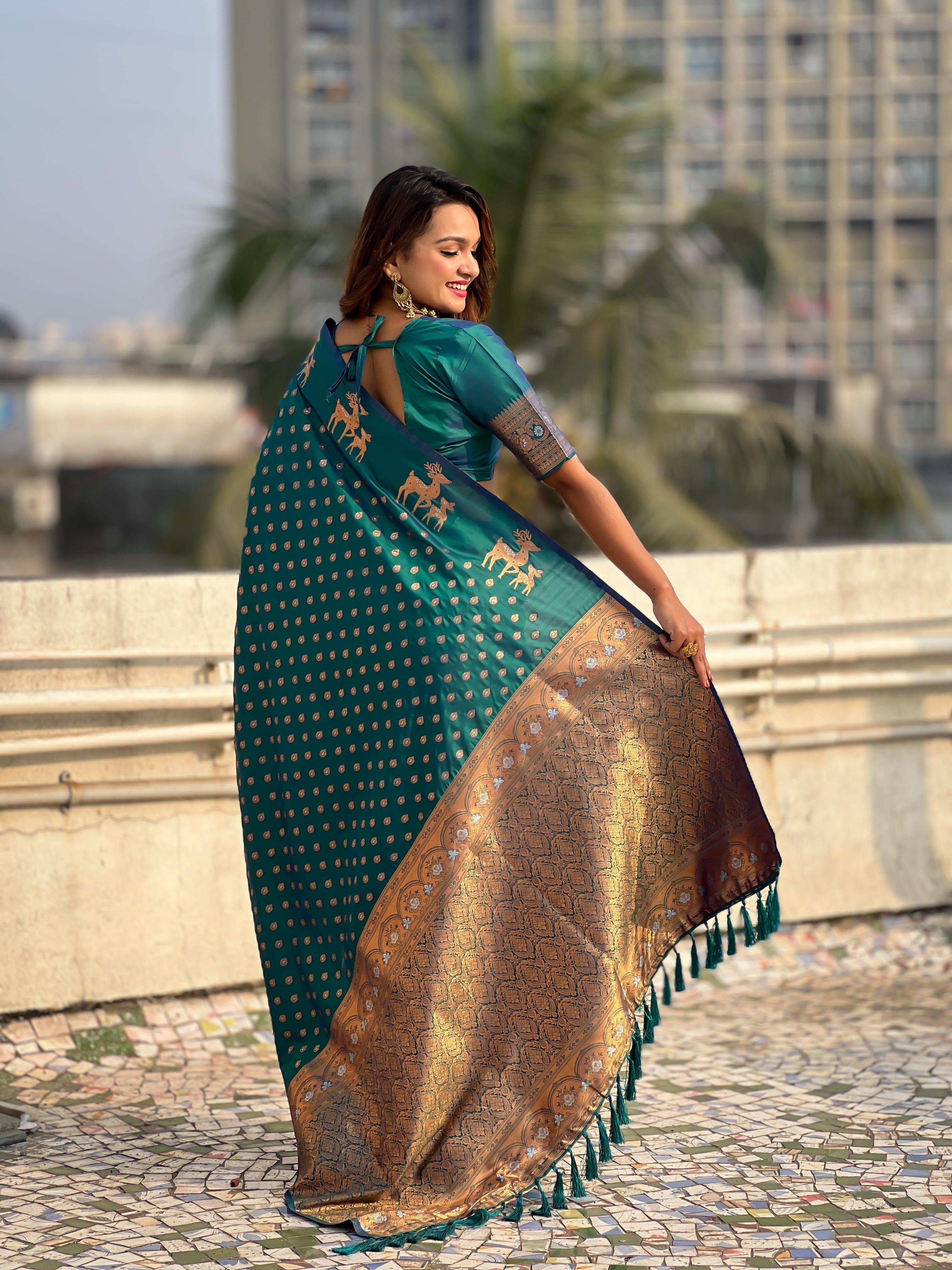 Priyangkrita Green Soft Silk Dual Zari Woven Saree With Deer Border - Priyangkrita by Freekart