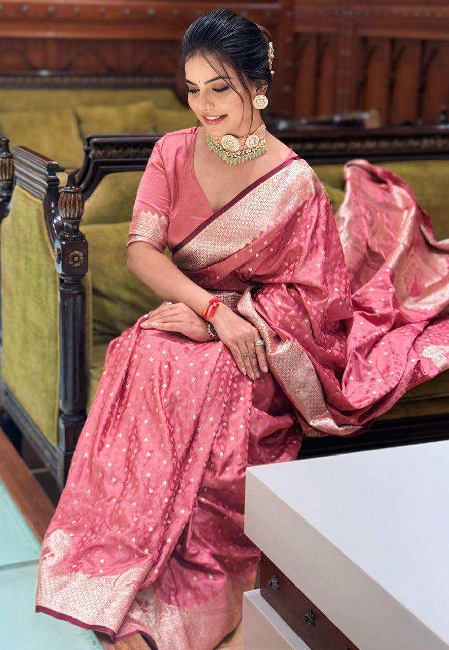 Priyangkrita Banarasi Silk Classic Saree In Pink - Priyangkrita by Freekart