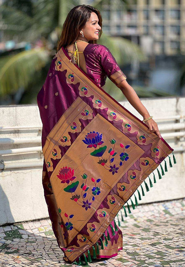Priyangkrita Women's Designer Banarasi Paithani Silk with Meenakari Pallu Saree - Priyangkrita by Freekart