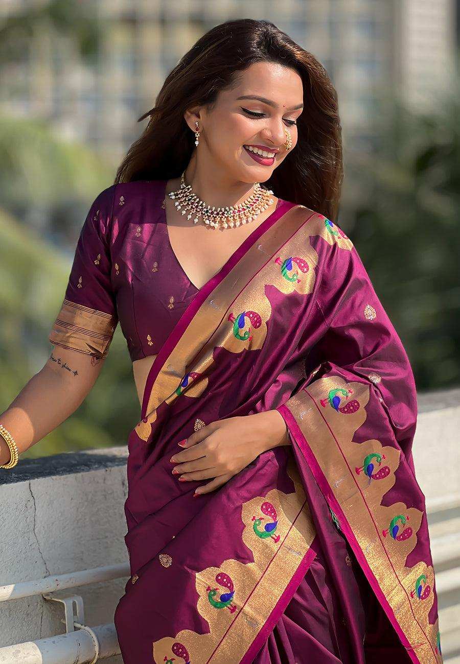 Priyangkrita Women's Designer Banarasi Paithani Silk with Meenakari Pallu Saree - Priyangkrita by Freekart