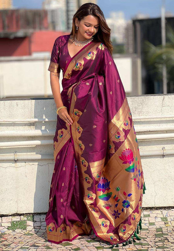 Priyangkrita Women's Designer Banarasi Paithani Silk with Meenakari Pallu Saree - Priyangkrita by Freekart