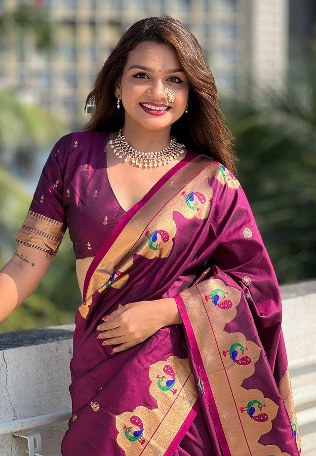 Priyangkrita Women's Designer Banarasi Paithani Silk with Meenakari Pallu Saree - Priyangkrita by Freekart
