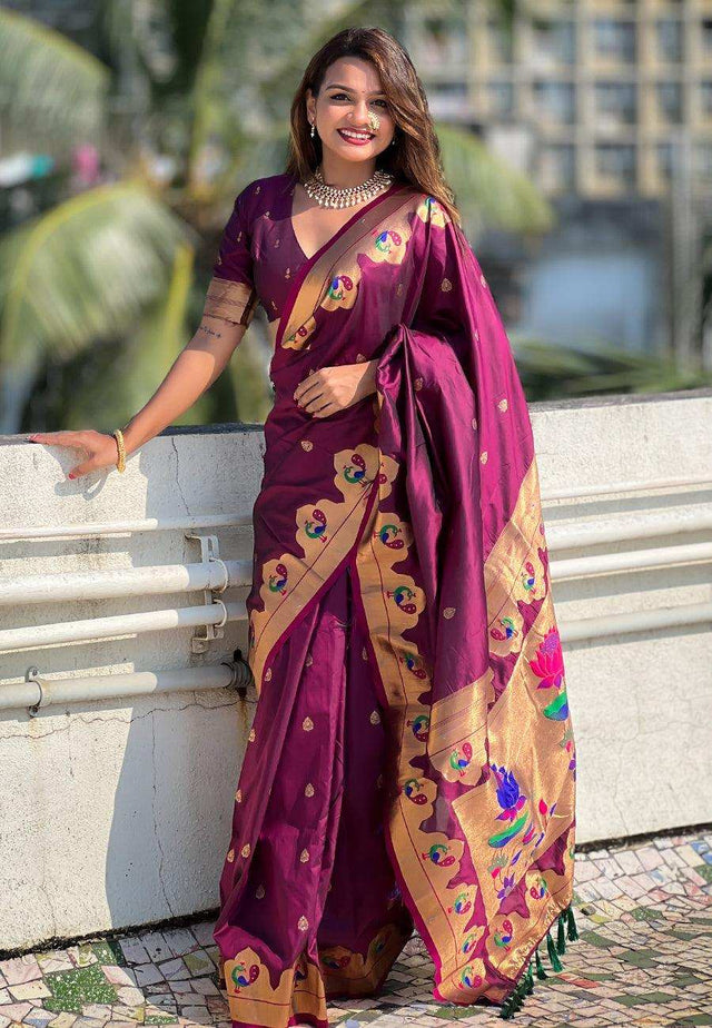Priyangkrita Women's Designer Banarasi Paithani Silk with Meenakari Pallu Saree - Priyangkrita by Freekart