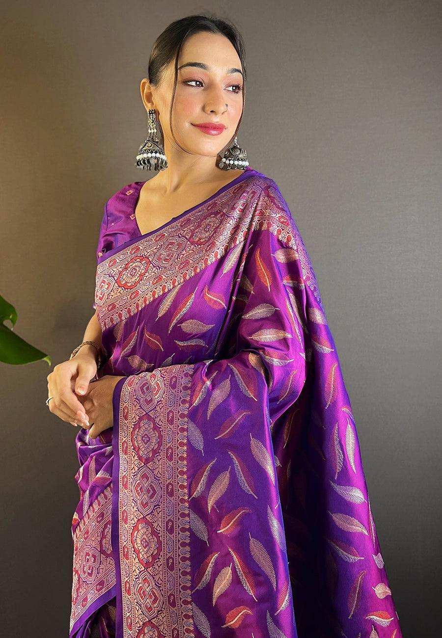 Priyangkrita Women Leaf Woven Saree with Contrast Border - Priyangkrita by Freekart