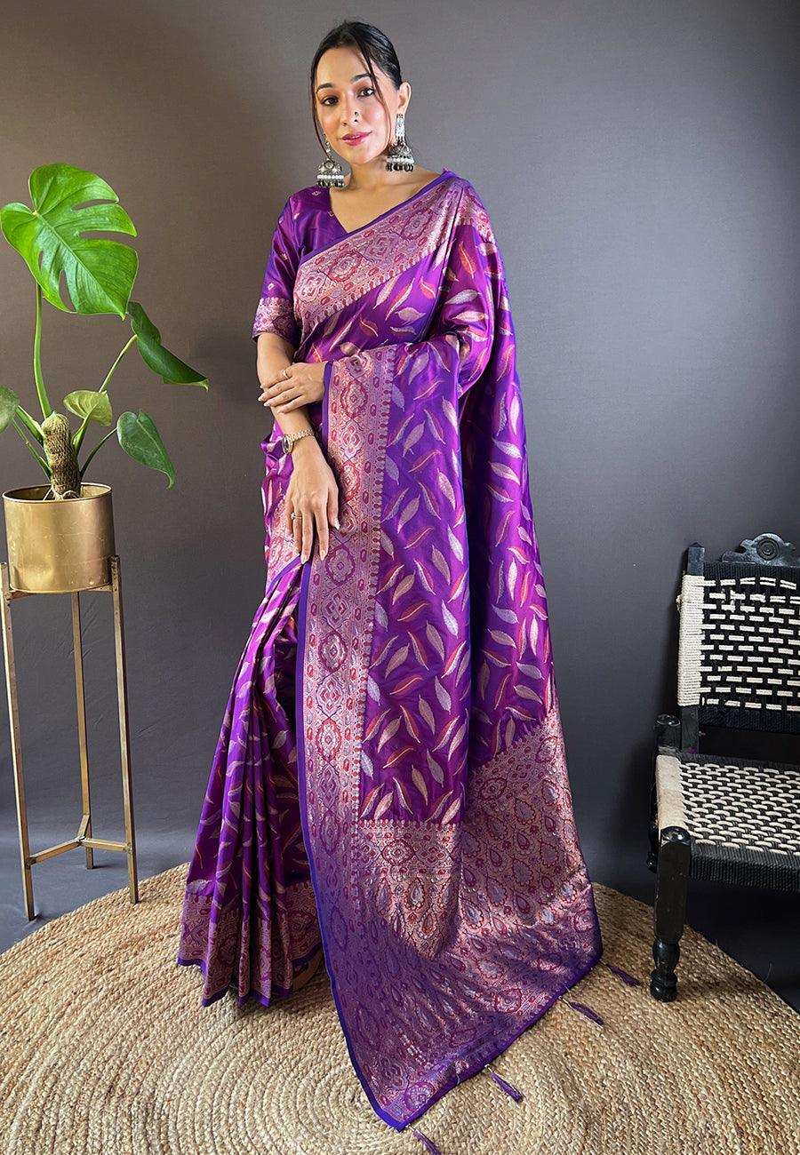 Priyangkrita Women Leaf Woven Saree with Contrast Border - Priyangkrita by Freekart