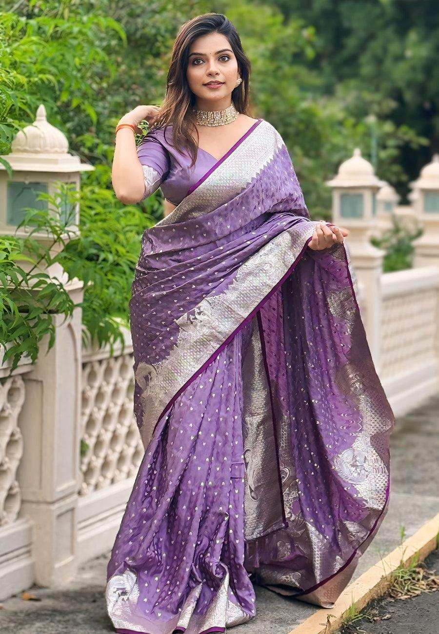 Priyangkrita Lavender Banarasi Satin Silk Zari Woven Saree - Priyangkrita by Freekart