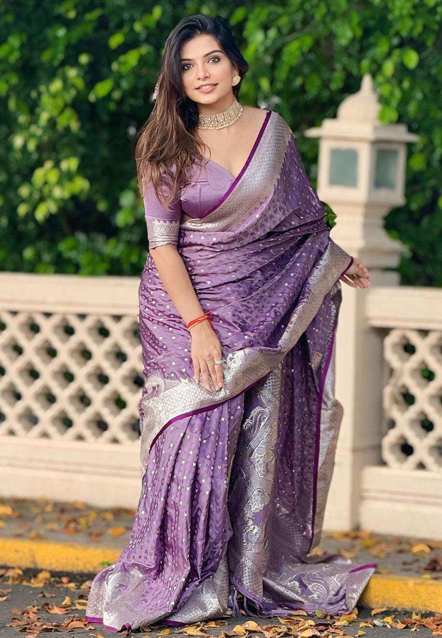 Priyangkrita Lavender Banarasi Satin Silk Zari Woven Saree - Priyangkrita by Freekart